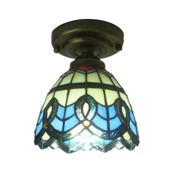 Blue Stained Glass Ceiling Light - Baroque Style Semi Flush Mount with Bell Shade