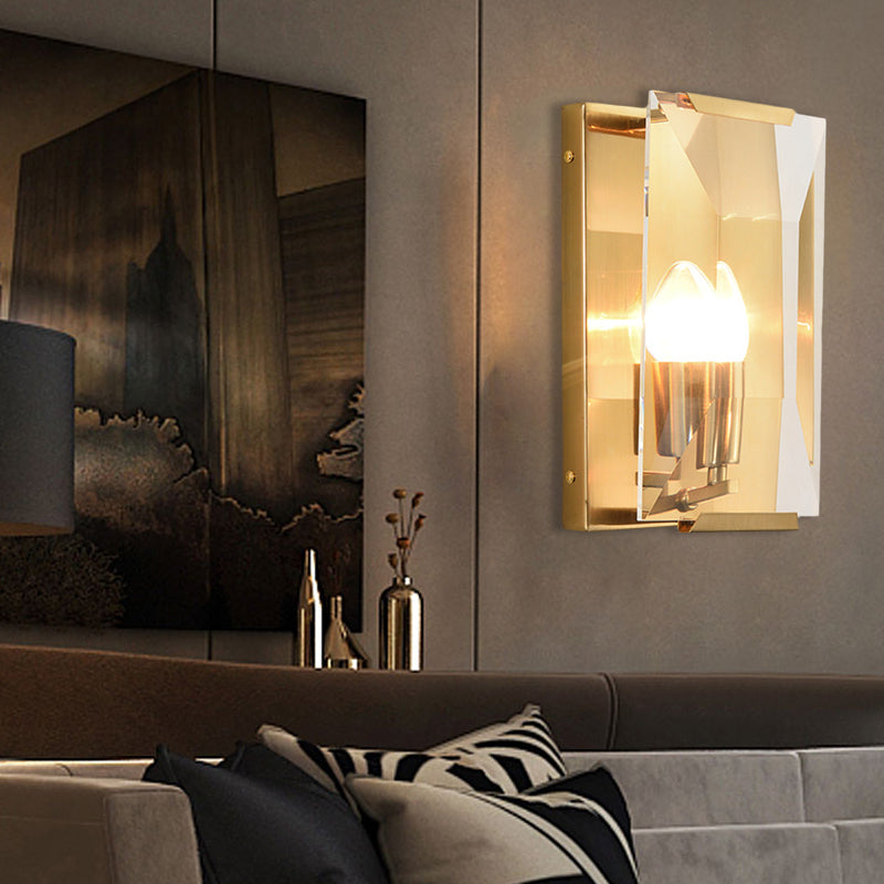 Minimalist Metal Rectangle Wall Sconce Light With Crystal Panel Shade - Black/Brass Finish Brass /