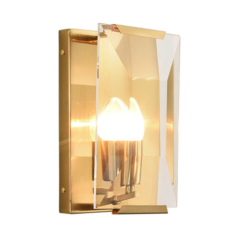 Minimalist Metal Rectangle Wall Sconce Light With Crystal Panel Shade - Black/Brass Finish