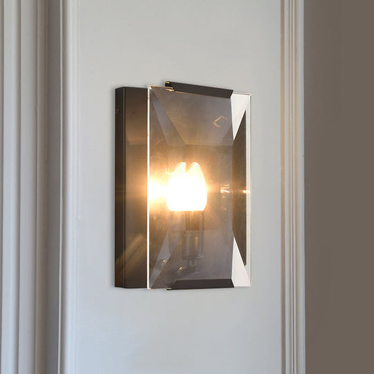 Minimalist Metal Rectangle Wall Sconce Light With Crystal Panel Shade - Black/Brass Finish Black /