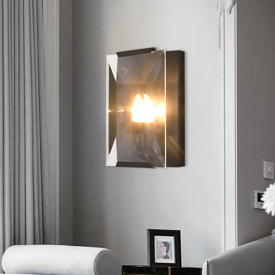 Minimalist Metal Rectangle Wall Sconce Light With Crystal Panel Shade - Black/Brass Finish