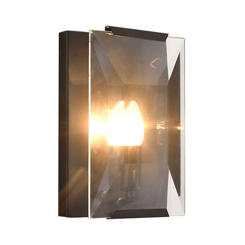 Minimalist Metal Rectangle Wall Sconce Light With Crystal Panel Shade - Black/Brass Finish