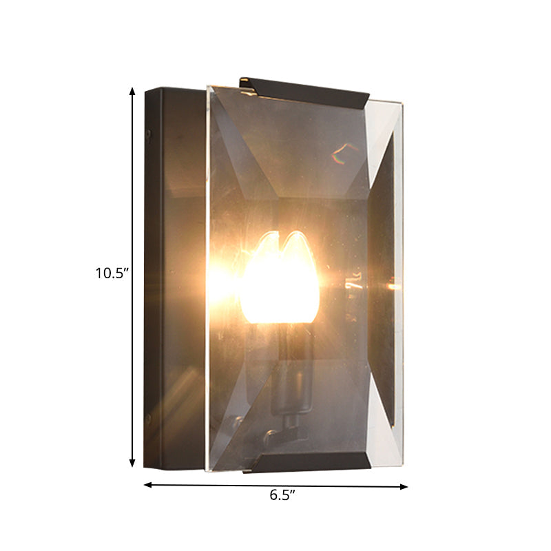 Minimalist Metal Rectangle Wall Sconce Light With Crystal Panel Shade - Black/Brass Finish