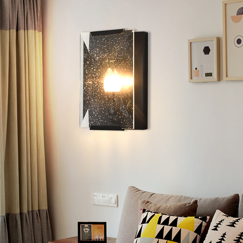 Minimalist Metal Rectangle Wall Sconce Light With Crystal Panel Shade - Black/Brass Finish