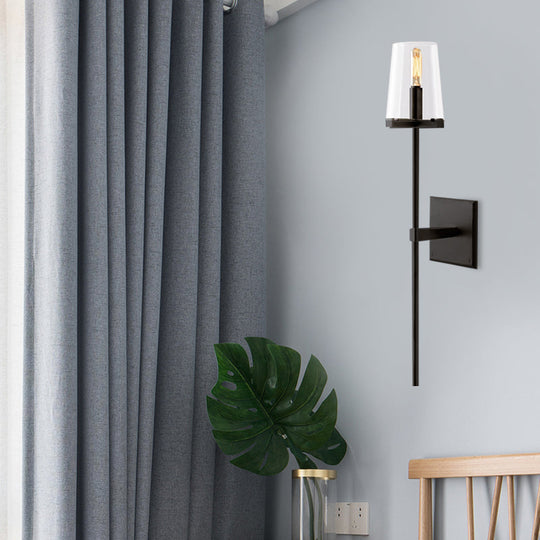 Clear Glass & White Fabric Wall Sconce With Vintage Tapered Design Black/Brass Bar - 1 Bulb Mounted