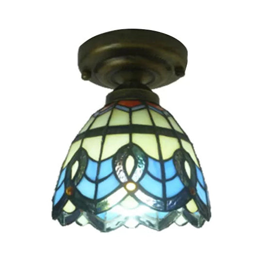 Blue Stained Glass Ceiling Light - Baroque Style Semi Flush Mount With Bell Shade