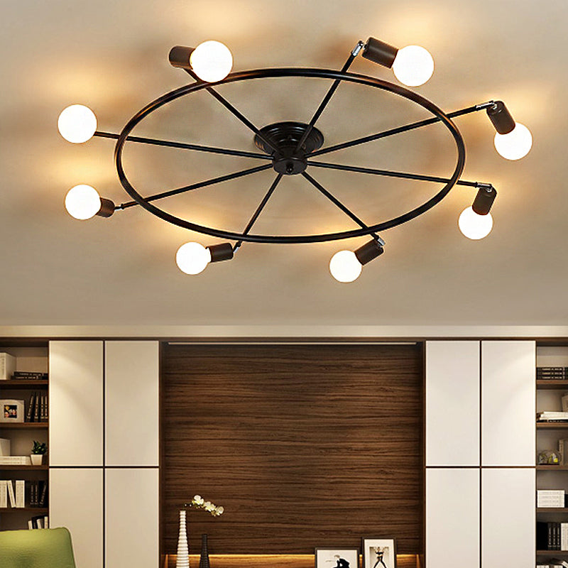 Traditional Metal Semi Flush Ceiling Light with 8 Black Wheel-Shaped Lights - Perfect for Living Room