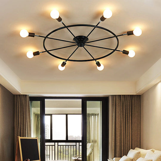 Traditional Metal Semi Flush Ceiling Light with 8 Black Wheel-Shaped Lights - Perfect for Living Room