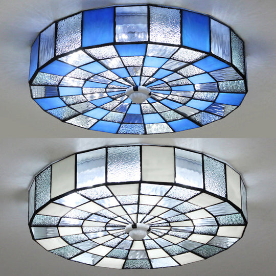 Rustic Stained Glass Flushmount Ceiling Light - Round 1-Light Fixture In Blue/White For Bedroom