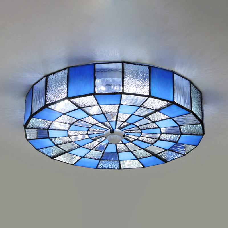 Rustic Stained Glass Flushmount Ceiling Light - Round 1-Light Fixture In Blue/White For Bedroom