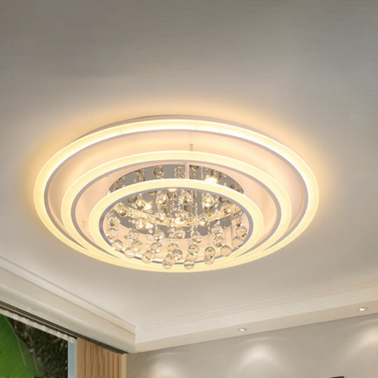 White Round Ceiling Lamp with Acrylic and Crystal Ball LED Flush Mount Light - Stepless Dimming/Remote Control