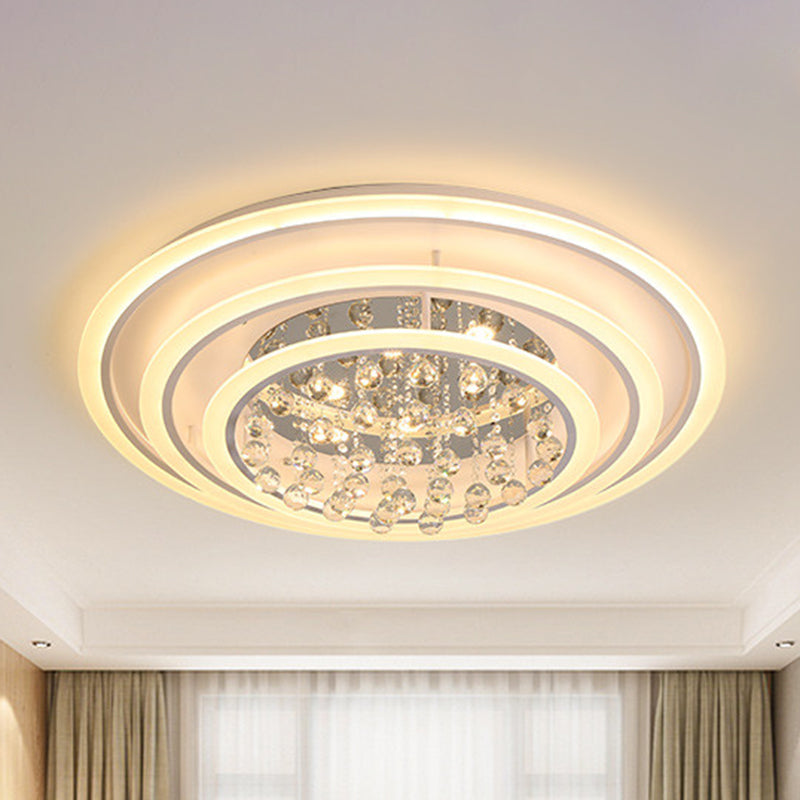 White Round Ceiling Lamp with Acrylic and Crystal Ball LED Flush Mount Light - Stepless Dimming/Remote Control