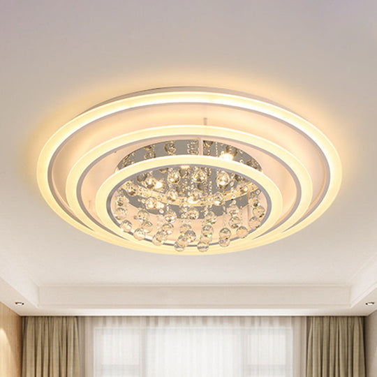 White Round Ceiling Lamp with Acrylic and Crystal Ball LED Flush Mount Light - Stepless Dimming/Remote Control