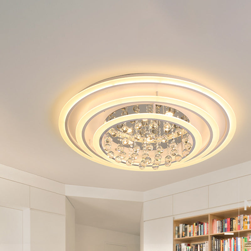 White Round Ceiling Lamp with Acrylic and Crystal Ball LED Flush Mount Light - Stepless Dimming/Remote Control