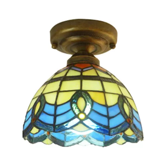 Blue Stained Glass Ceiling Light - Baroque Style Semi Flush Mount with Bell Shade