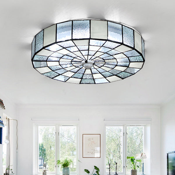 Rustic Stained Glass Flushmount Ceiling Light - Round 1-Light Fixture In Blue/White For Bedroom