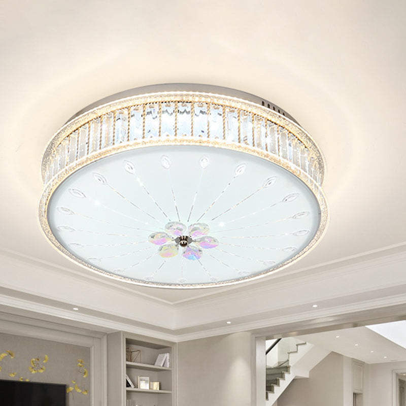 Minimalist White LED Ceiling Light Fixture with Drum Clear Faceted Crystal Flush Lamp