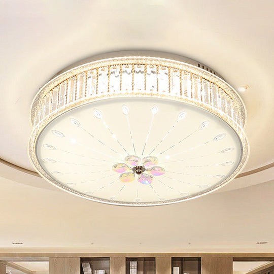 Minimalist White LED Ceiling Light Fixture with Drum Clear Faceted Crystal Flush Lamp