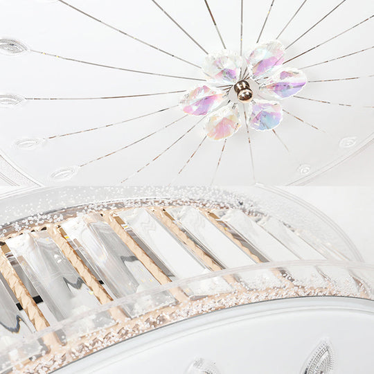 Minimalist White LED Ceiling Light Fixture with Drum Clear Faceted Crystal Flush Lamp