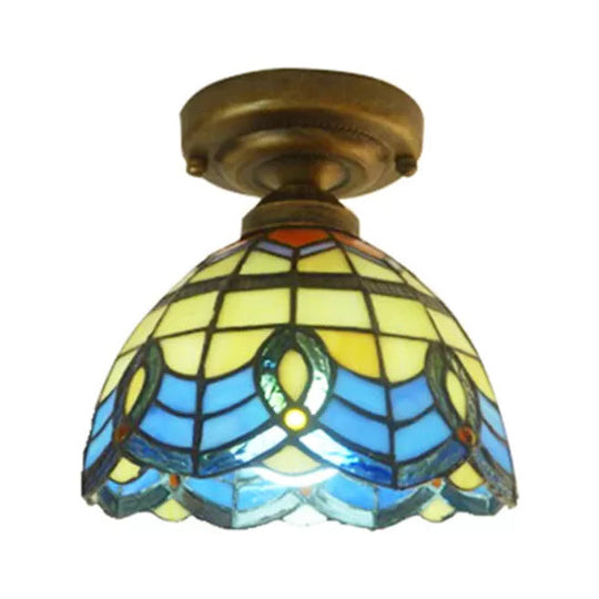 Blue Stained Glass Ceiling Light - Baroque Style Semi Flush Mount With Bell Shade