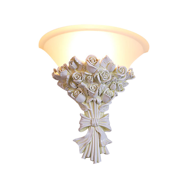 Colonial White Glass Sconce With Flower Resin Decoration For Living Room Wall Lighting