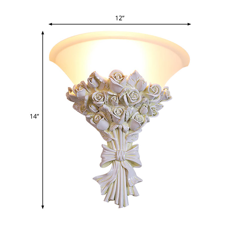 Colonial White Glass Sconce With Flower Resin Decoration For Living Room Wall Lighting