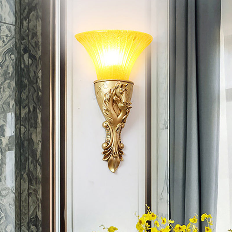 Colonization Metal Carved Sconce Lamp - White/Gold Wall Lighting Fixture With Amber Glass Shade Gold