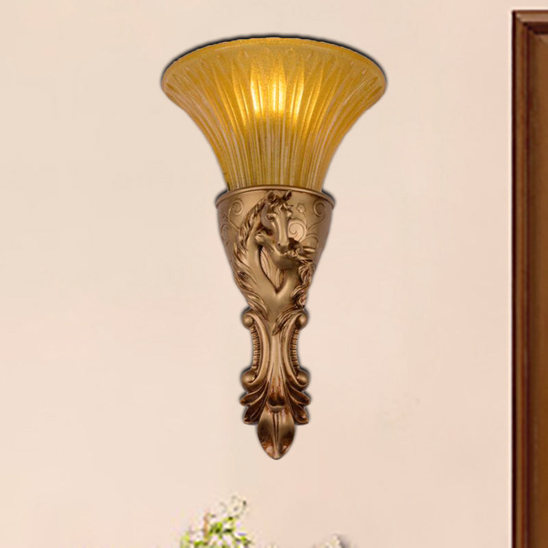 Colonization Metal Carved Sconce Lamp - White/Gold Wall Lighting Fixture With Amber Glass Shade