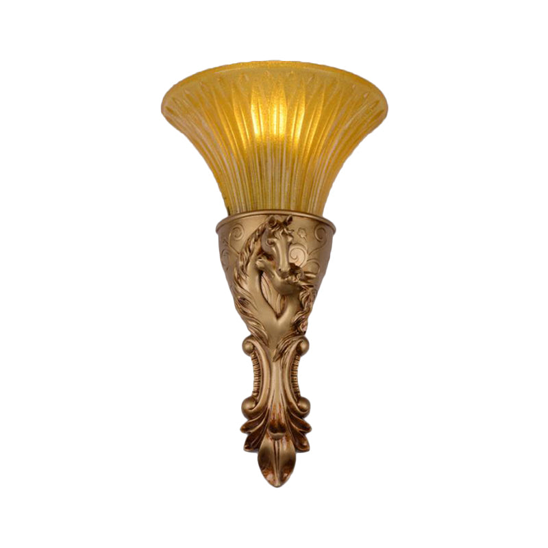 Colonization Metal Carved Sconce Lamp - White/Gold Wall Lighting Fixture With Amber Glass Shade