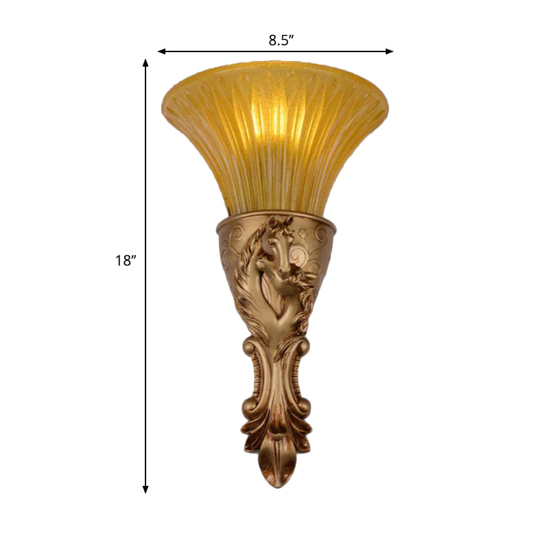 Colonization Metal Carved Sconce Lamp - White/Gold Wall Lighting Fixture With Amber Glass Shade