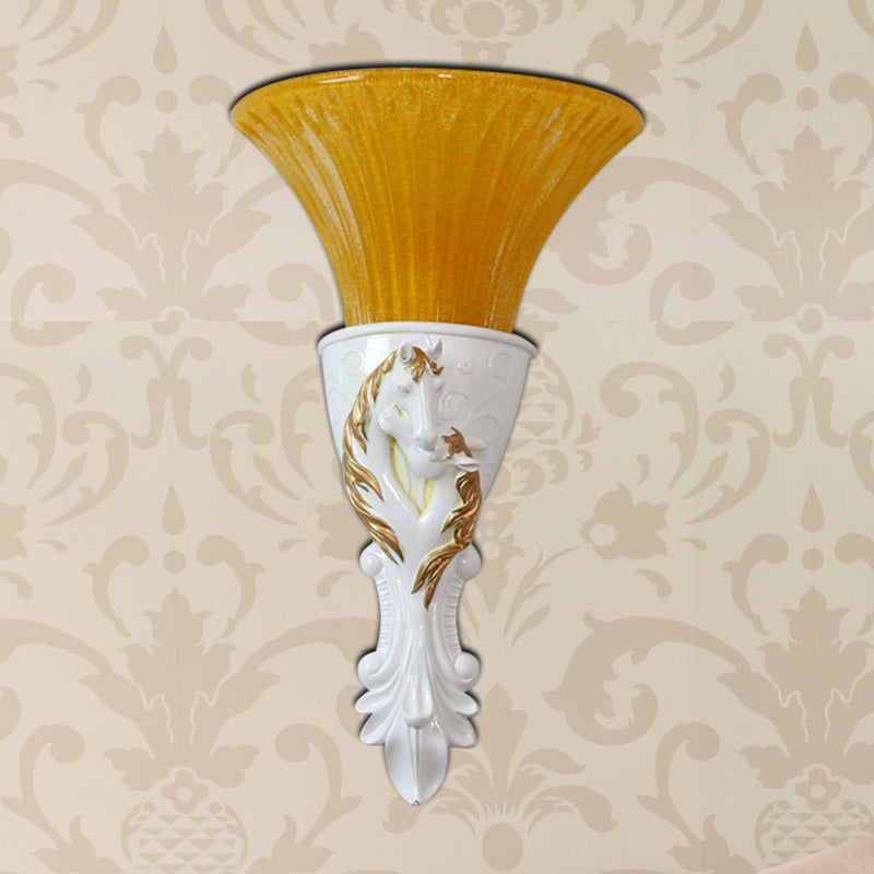 Colonization Metal Carved Sconce Lamp - White/Gold Wall Lighting Fixture With Amber Glass Shade