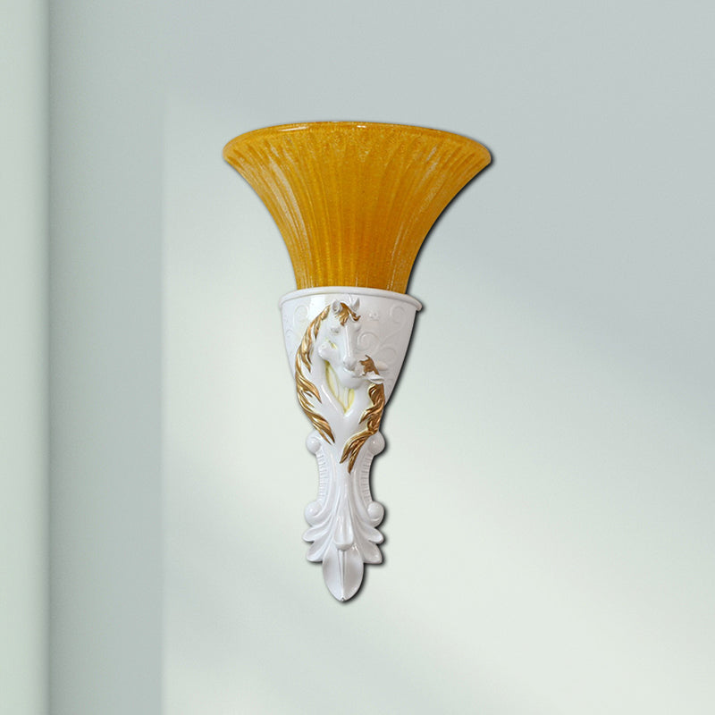 Colonization Metal Carved Sconce Lamp - White/Gold Wall Lighting Fixture With Amber Glass Shade