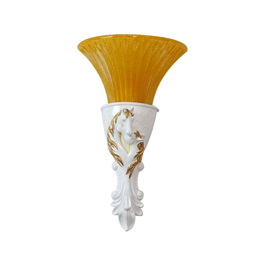 Colonization Metal Carved Sconce Lamp - White/Gold Wall Lighting Fixture With Amber Glass Shade