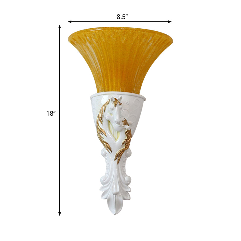 Colonization Metal Carved Sconce Lamp - White/Gold Wall Lighting Fixture With Amber Glass Shade