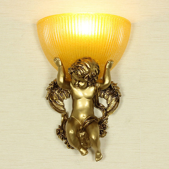 Angel Sconce Light Colony Metal Wall Lamp With Dome Amber Glass Shade White/Gold Left/Right Head