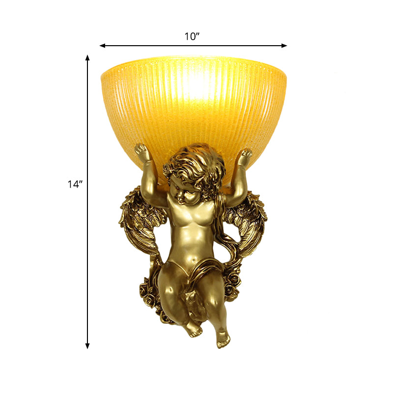 Angel Sconce Light Colony Metal Wall Lamp With Dome Amber Glass Shade White/Gold Left/Right Head