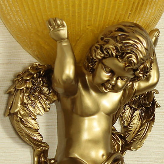 Angel Sconce Light Colony Metal Wall Lamp With Dome Amber Glass Shade White/Gold Left/Right Head