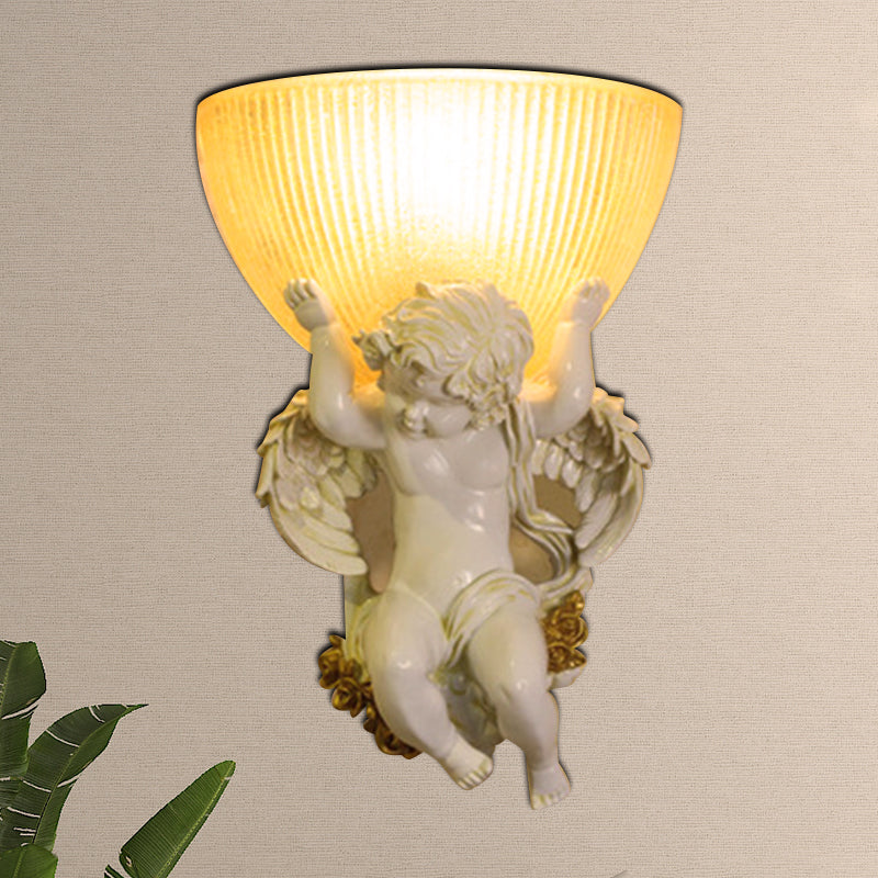 Angel Sconce Light Colony Metal Wall Lamp With Dome Amber Glass Shade White/Gold Left/Right Head