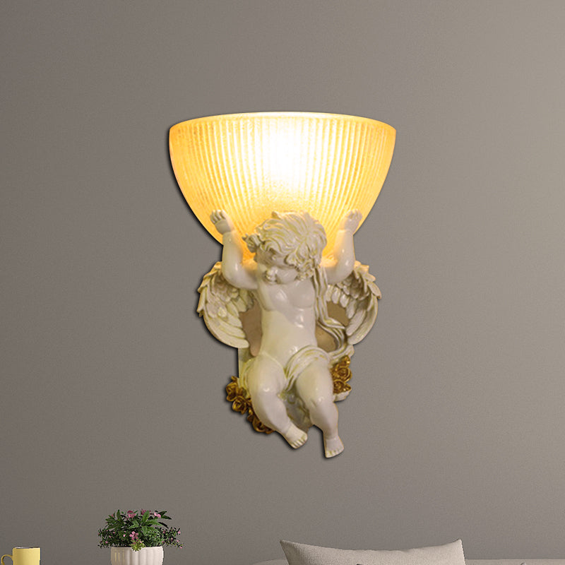 Angel Sconce Light Colony Metal Wall Lamp With Dome Amber Glass Shade White/Gold Left/Right Head