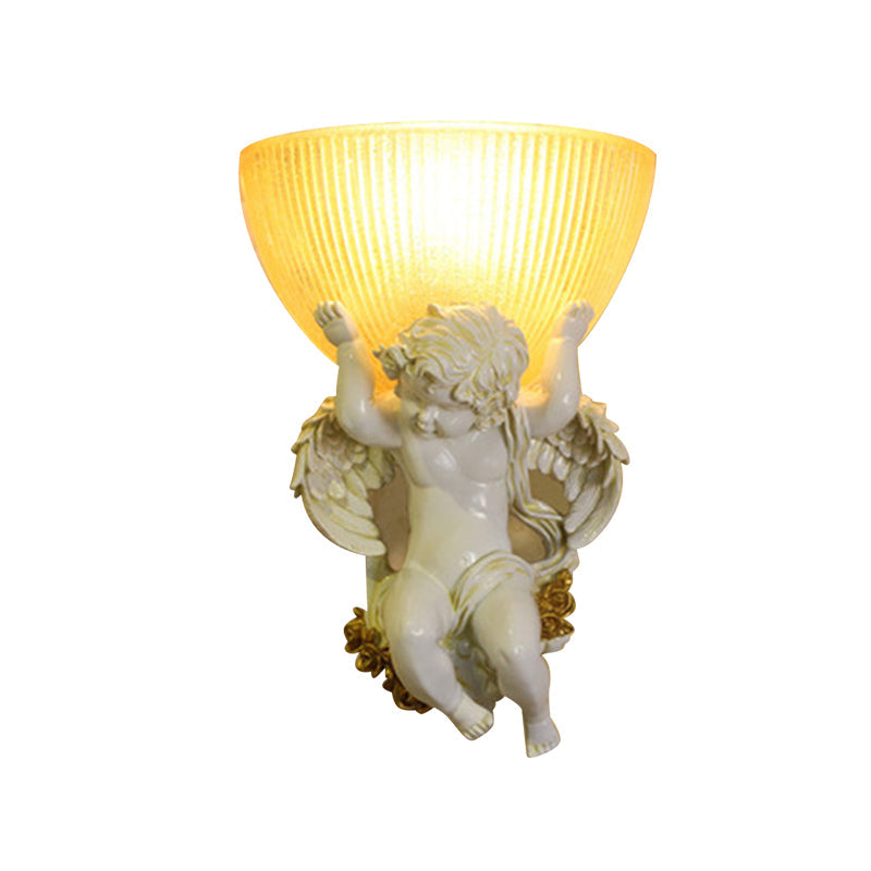 Angel Sconce Light Colony Metal Wall Lamp With Dome Amber Glass Shade White/Gold Left/Right Head