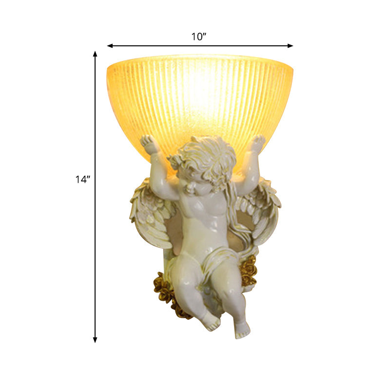 Angel Sconce Light Colony Metal Wall Lamp With Dome Amber Glass Shade White/Gold Left/Right Head