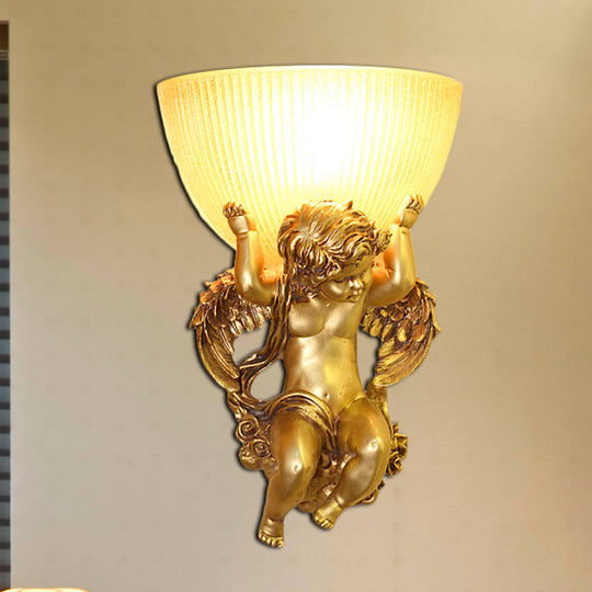 Angel Sconce Light Colony Metal Wall Lamp With Dome Amber Glass Shade White/Gold Left/Right Head