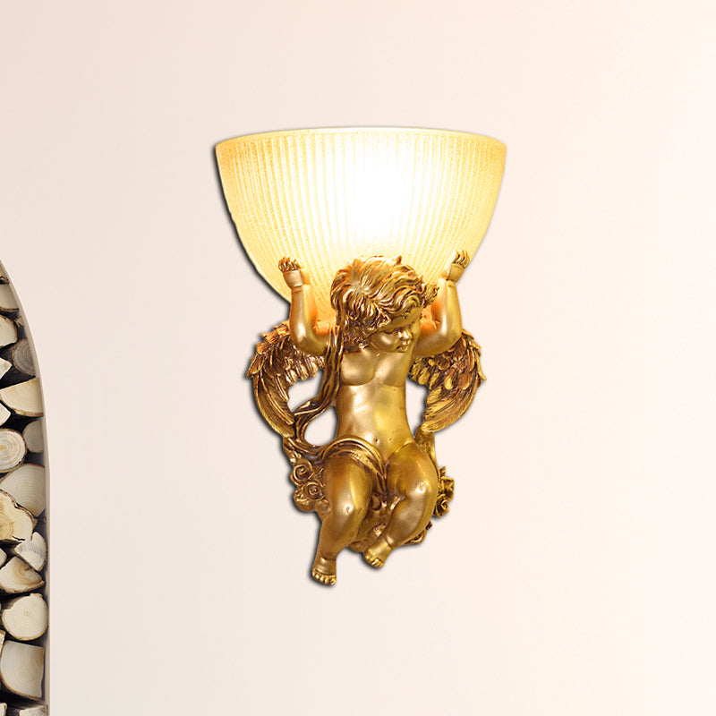 Angel Sconce Light Colony Metal Wall Lamp With Dome Amber Glass Shade White/Gold Left/Right Head