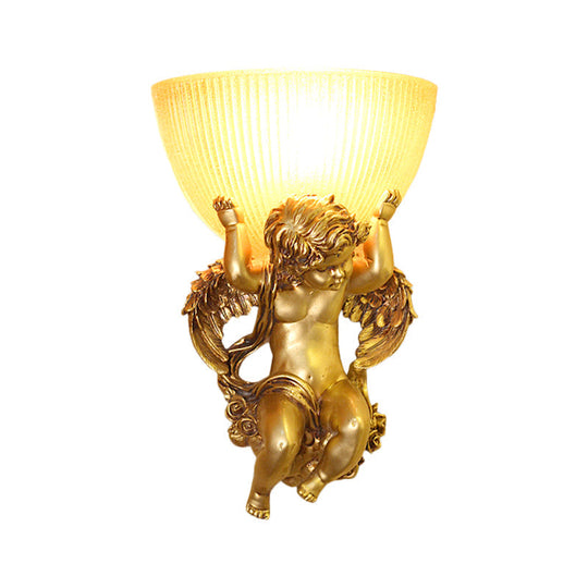 Angel Sconce Light Colony Metal Wall Lamp With Dome Amber Glass Shade White/Gold Left/Right Head