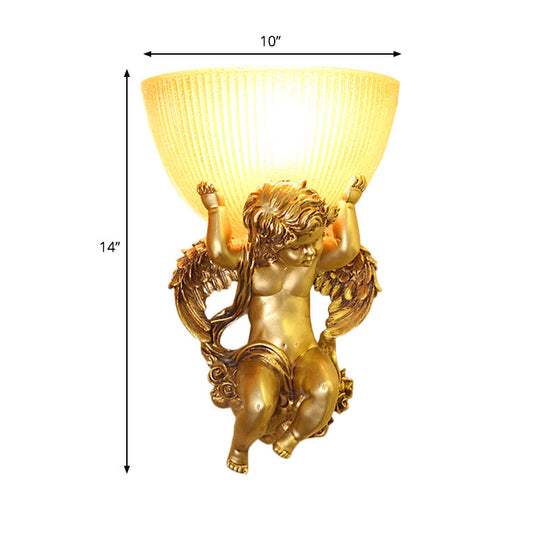 Angel Sconce Light Colony Metal Wall Lamp With Dome Amber Glass Shade White/Gold Left/Right Head