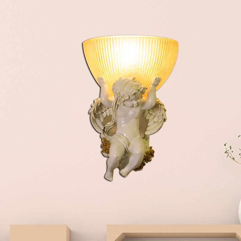 Angel Sconce Light Colony Metal Wall Lamp With Dome Amber Glass Shade White/Gold Left/Right Head