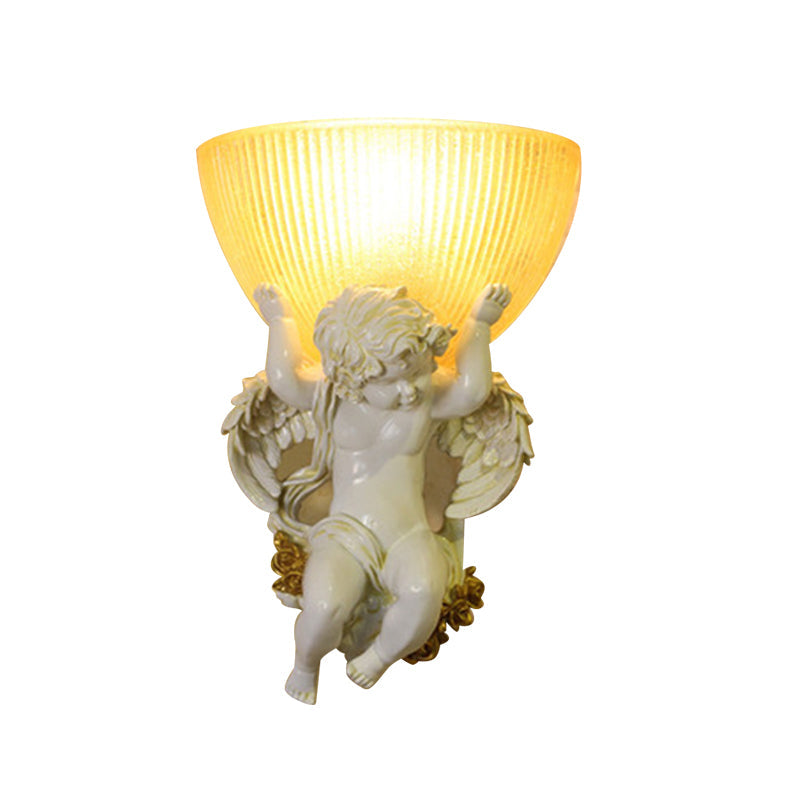 Angel Sconce Light Colony Metal Wall Lamp With Dome Amber Glass Shade White/Gold Left/Right Head