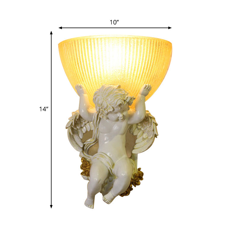 Angel Sconce Light Colony Metal Wall Lamp With Dome Amber Glass Shade White/Gold Left/Right Head