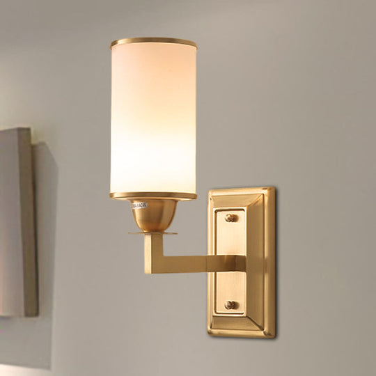 Traditional Metal Wall Lamp With Brass Sconce And Cylinder White Glass Shade