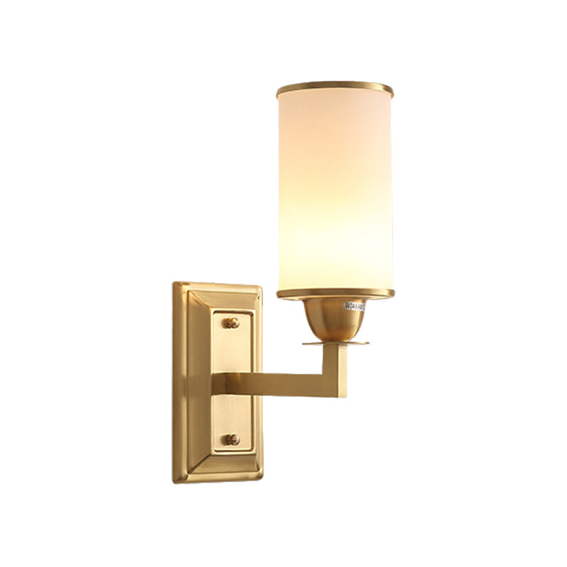 Traditional Metal Wall Lamp With Brass Sconce And Cylinder White Glass Shade